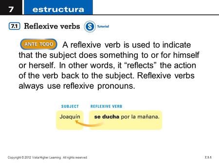 Copyright © 2012 Vista Higher Learning. All rights reserved.7.1-1 A reflexive verb is used to indicate that the subject does something to or for himself.