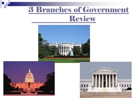 3 Branches of Government Review. The Questions Legislative Branch Executive Branch Judicial Branch PowersPotpourri $100 $200 $300 $400 $500.