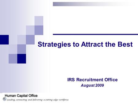 Leading, connecting and delivering a cutting edge workforce Strategies to Attract the Best August 2009 IRS Recruitment Office.