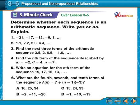 Over Lesson 3–5. Splash Screen Proportional and Non- Proportional Relationships Lesson 3-6.