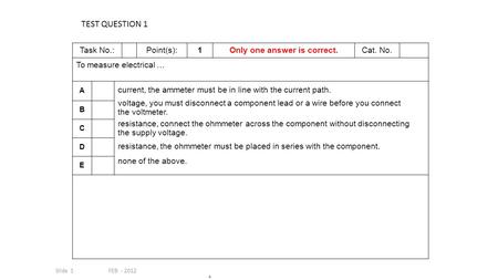 FEB - 2012Slide 1 Task No.:Point(s):1Only one answer is correct.Cat. No. To measure electrical … A current, the ammeter must be in line with the current.