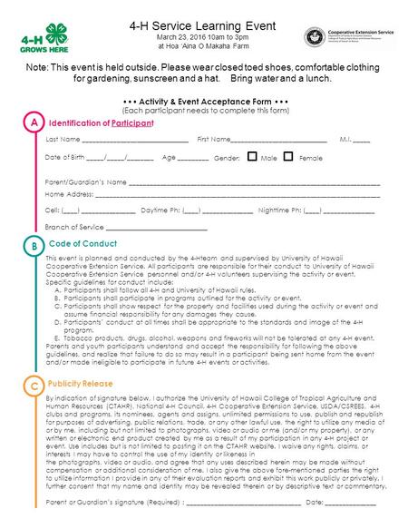 Activity & Event Acceptance Form (Each participant needs to complete this form) Last Name ________________ First Name___________________ M.I. _____ Date.