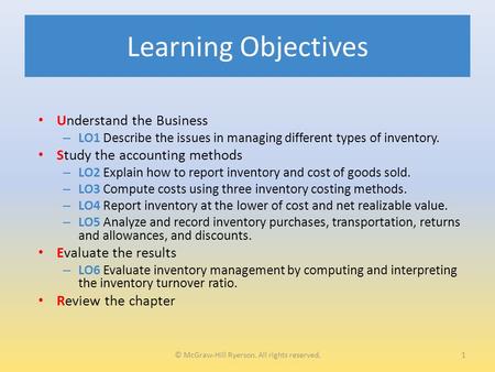 Learning Objectives Understand the Business – LO1 Describe the issues in managing different types of inventory. Study the accounting methods – LO2 Explain.