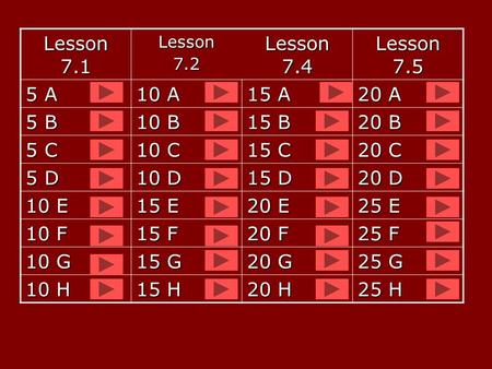 Lesson 7.1 Lesson 7.2 Lesson 7.4 Lesson 7.5 5 A 10 A 15 A 20 A 5 B 10 B 15 B 20 B 5 C 10 C 15 C 20 C 5 D 10 D 15 D 20 D 10 E 15 E 20 E 25 E 10 F 15 F.