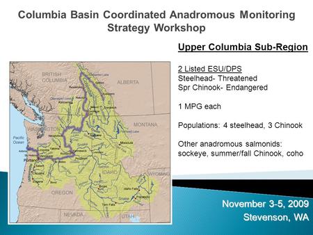 November 3-5, 2009 Stevenson, WA Columbia Basin Coordinated Anadromous Monitoring Strategy Workshop Upper Columbia Sub-Region 2 Listed ESU/DPS Steelhead-