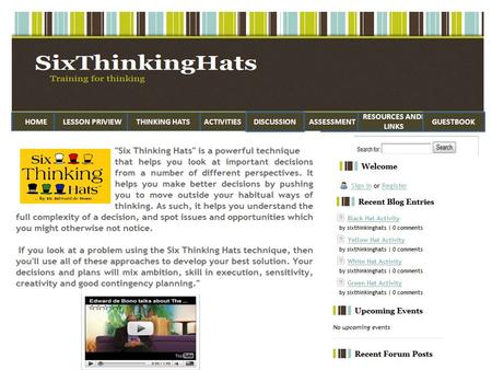 HOMEACTIVITIESLESSON PRIVIEWTHINKING HATSASSESSMENT RESOURCES ANDF LINKS DISCUSSIONGUESTBOOK.