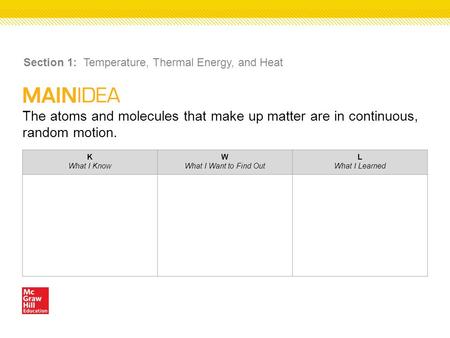 The atoms and molecules that make up matter are in continuous, random motion. Section 1: Temperature, Thermal Energy, and Heat K What I Know W What I Want.