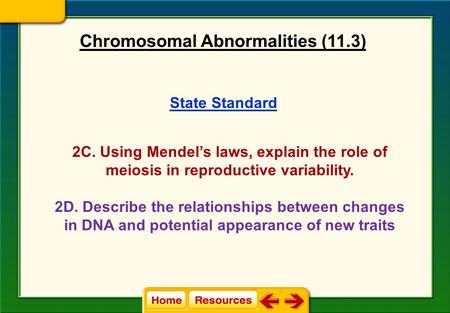 State Standard 2C. Using Mendel’s laws, explain the role of meiosis in reproductive variability. 2D. Describe the relationships between changes in DNA.