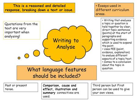 Essays used in different curriculum areas. Writing to Analyse This is a reasoned and detailed response, breaking down a text or issue. What language features.