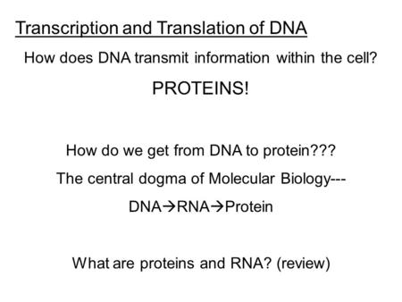 Transcription and Translation of DNA How does DNA transmit information within the cell? PROTEINS! How do we get from DNA to protein??? The central dogma.