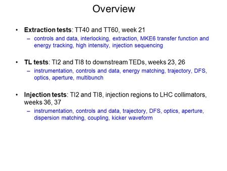 Overview Extraction tests: TT40 and TT60, week 21 –controls and data, interlocking, extraction, MKE6 transfer function and energy tracking, high intensity,