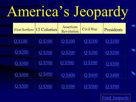 America’s Jeopardy First Settlers 13 Colonies American Revolution Civil War Presidents Q $100 Q $200 Q $300 Q $400 Q $500 Q $100 Q $200 Q $300 Q $400.