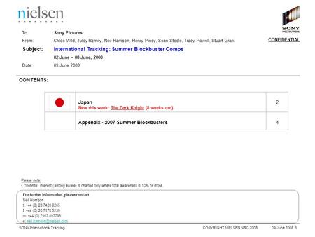 COPYRIGHT NIELSEN NRG 2008 09 June 2008 1 SONY International Tracking CONTENTS: Japan New this week: The Dark Knight (8 weeks out). 2 Appendix - 2007 Summer.