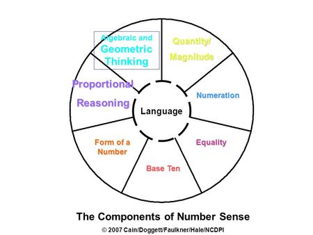 Numeration Quantity/Magnitude Base Ten Equality Form of a Number ProportionalReasoning Algebraic and Geometric Thinking The Components of Number Sense.