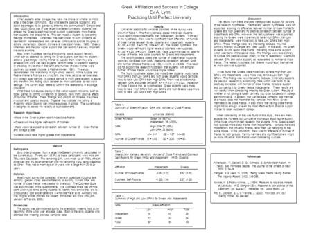 Greek Affiliation and Success in College Ev A. Lynn Practicing Until Perfect University Introduction When students enter college, they have the choice.