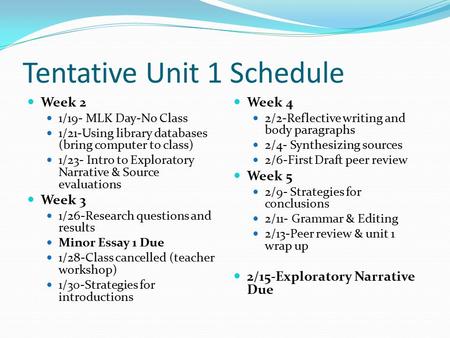 Tentative Unit 1 Schedule Week 2 1/19- MLK Day-No Class 1/21-Using library databases (bring computer to class) 1/23- Intro to Exploratory Narrative & Source.