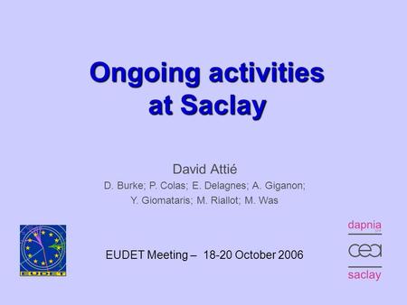 EUDET Meeting, Munich – October 18, 20061 Ongoing activities at Saclay David Attié D. Burke; P. Colas; E. Delagnes; A. Giganon; Y. Giomataris;