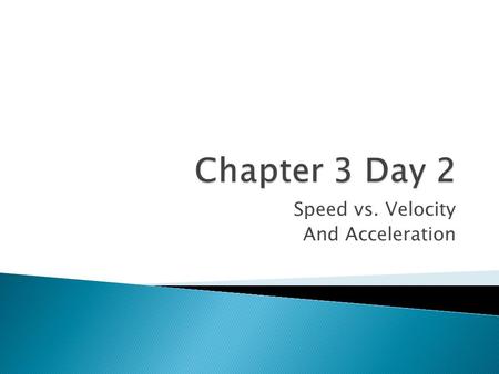 Speed vs. Velocity And Acceleration.  Distinguish between and calculate speed and velocity ◦ Velocity is a vector quantity (has direction) and speed.