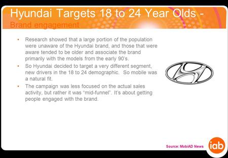 Hyundai Targets 18 to 24 Year Olds - Brand engagement Research showed that a large portion of the population were unaware of the Hyundai brand, and those.