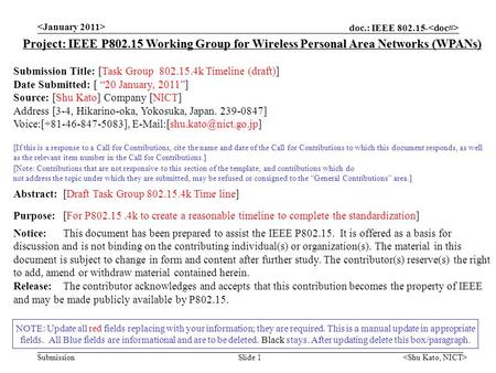 Doc.: IEEE 802.15- Submission Slide 1 NOTE: Update all red fields replacing with your information; they are required. This is a manual update in appropriate.