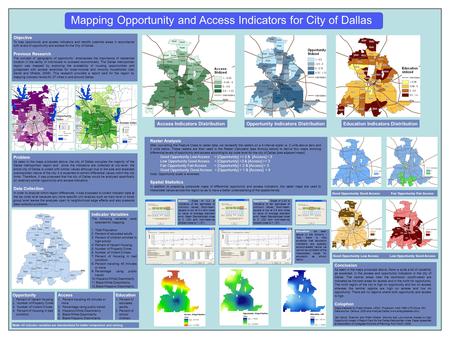 Objective To map opportunity and access indicators and identify potential areas in accordance with levels of opportunity and access for the City of Dallas.