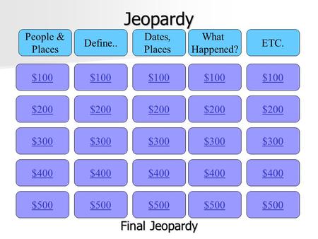 Jeopardy $100 People & Places Define.. Dates, Places What Happened? ETC. $200 $300 $400 $500 $400 $300 $200 $100 $500 $400 $300 $200 $100 $500 $400 $300.