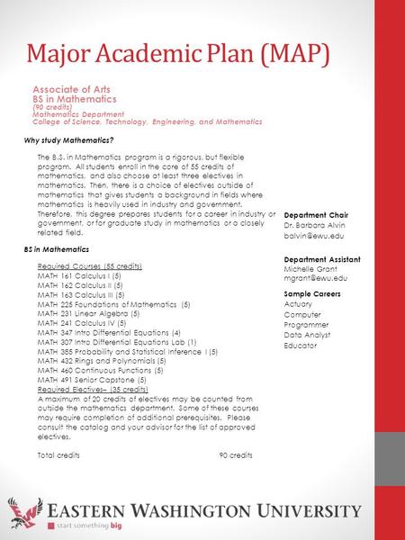 Major Academic Plan (MAP) Why study Mathematics? The B.S. in Mathematics program is a rigorous, but flexible program. All students enroll in the core of.