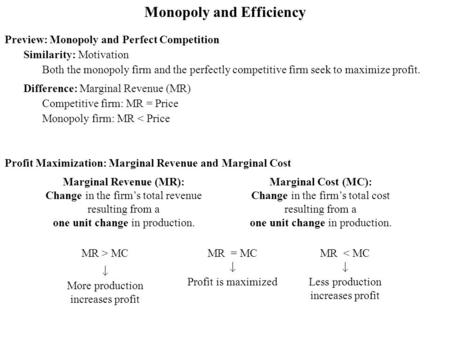 Profit Maximization: Marginal Revenue and Marginal Cost Marginal Revenue (MR): Change in the firm’s total revenue resulting from a one unit change in production.