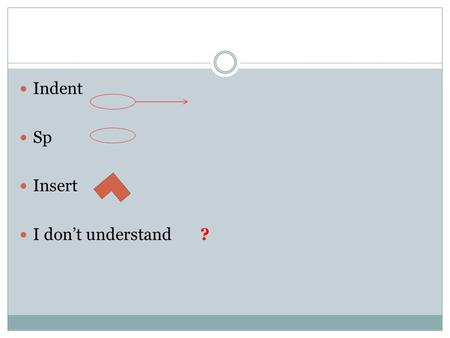 Indent Sp Insert I don’t understand ?. 1. Prewriting Brainstorming motivation 2. Writing 1st Draft 3.Revising/Respondi ng Peer edit Teacher conference.