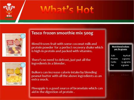 Tesco frozen smoothie mix 500g Blend frozen fruit with some coconut milk and protein powder for a perfect recovery shake which is high in protein and packed.