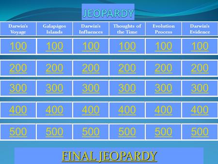 Darwin’s Evidence Evolution Process Thoughts of the Time Darwin’s Influences Galapágos Islands Darwin’s Voyage 100 200 300 400 500 FINAL JEOPARDY FINAL.