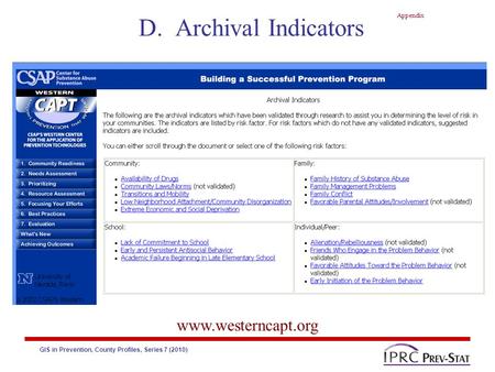 GIS in Prevention, County Profiles, Series 7 (2010) Appendix D. Archival Indicators St. Joseph County, INMishawaka city, INSouth Bend city, IN www.westerncapt.org.