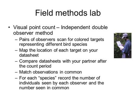 Field methods lab Visual point count – Independent double observer method –Pairs of observers scan for colored targets representing different bird species.