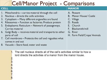 Cell/Manor Project - Comparisons CELLMANOR 1.Mitochondria – carries material through the cell 2.Nucleus – directs the cells activities 3.Cytoplasm – Many.