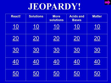 JEOPARDY! React!SolutionsMore solutions Acids and Bases Matter 10 20 30 40 50.