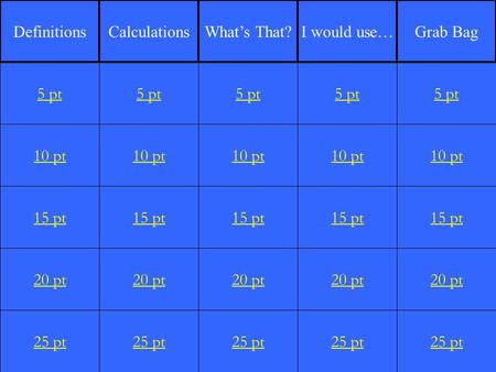 1 10 pt 15 pt 20 pt 25 pt 5 pt 10 pt 15 pt 20 pt 25 pt 5 pt 10 pt 15 pt 20 pt 25 pt 5 pt 10 pt 15 pt 20 pt 25 pt 5 pt 10 pt 15 pt 20 pt 25 pt 5 pt DefinitionsCalculationsWhat’s.