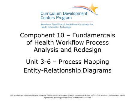 Component 10 – Fundamentals of Health Workflow Process Analysis and Redesign Unit 3-6 – Process Mapping Entity-Relationship Diagrams This material was.