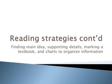 Finding main idea, supporting details, marking a textbook, and charts to organize information.