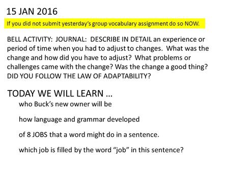 15 JAN 2016 BELL ACTIVITY: JOURNAL: DESCRIBE IN DETAIL an experience or period of time when you had to adjust to changes. What was the change and how did.