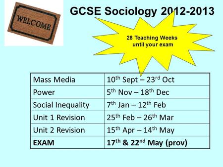 GCSE Sociology 2012-2013 28 Teaching Weeks until your exam Mass Media10 th Sept – 23 rd Oct Power5 th Nov – 18 th Dec Social Inequality7 th Jan – 12 th.