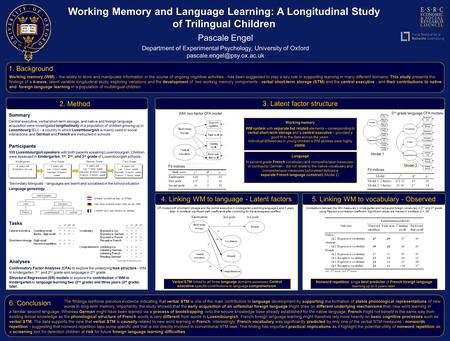 Working Memory and Language Learning: A Longitudinal Study of Trilingual Children Pascale Engel Department of Experimental Psychology, University of Oxford.