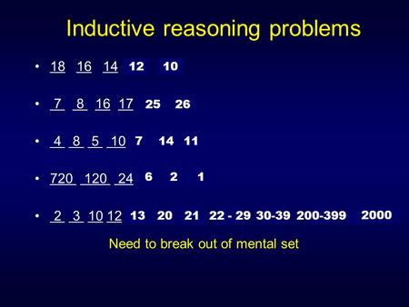 Inductive reasoning problems 7 8 16 17 … 4 8 5 10 … 2526 11 7 14 720 120 24 … 621 2 3 10 12 … 13212030-39 2000 22 - 29200-399 18 16 14 ?? ?? 1210 Need.