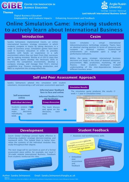 Lord Ashcroft International Business School Themes C ENTRE FOR I NNOVATION IN B USINESS E DUCATION Online Simulation Game: Inspiring students to actively.