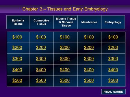 Chapter 3 – Tissues and Early Embryology $100 $200 $300 $400 $500 $100$100$100 $200 $300 $400 $500 Epithelia Tissue Connective Tissue Muscle Tissue & Nervous.