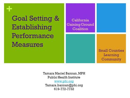 + Goal Setting & Establishing Performance Measures Small Counties Learning Community Tamara Maciel Bannan, MPH Public Health Institute