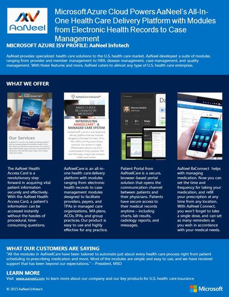 Microsoft Azure Cloud Powers AaNeel’s All-In- One Health Care Delivery Platform with Modules from Electronic Health Records to Case Management MICROSOFT.