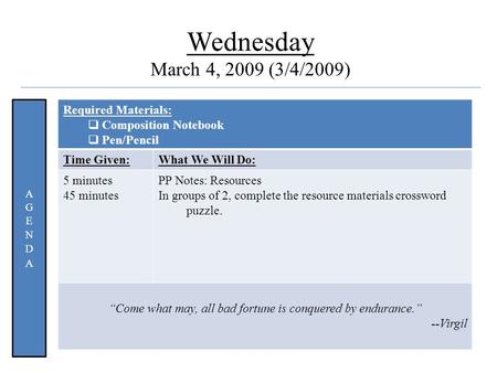 Quote Wednesday March 4, 2009 (3/4/2009) Required Materials:  Composition Notebook  Pen/Pencil Time Given:What We Will Do: 5 minutes 45 minutes PP Notes: