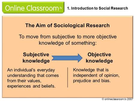 The Aim of Sociological Research To move from subjective to more objective knowledge of something: Subjective knowledge An individual’s everyday understanding.