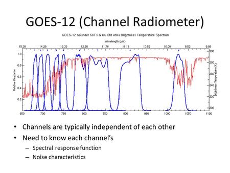 GOES-12 (Channel Radiometer) Channels are typically independent of each other Need to know each channel’s – Spectral response function – Noise characteristics.