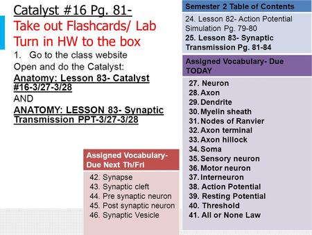 Catalyst #16 Pg. 81- Take out Flashcards/ Lab Turn in HW to the box 1.Go to the class website Open and do the Catalyst: Anatomy: Lesson 83- Catalyst #16-3/27-3/28.